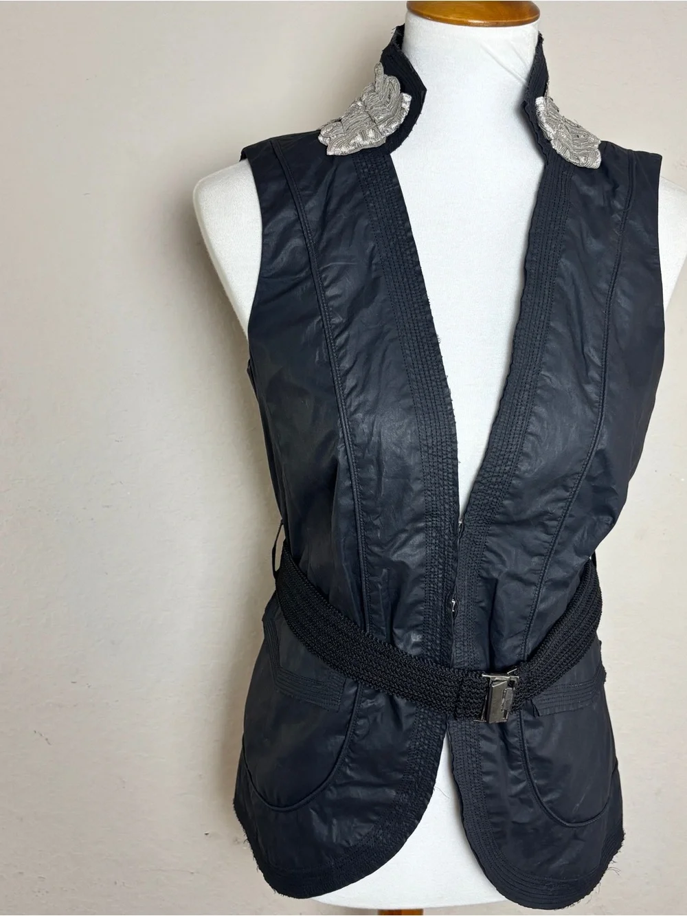 Scervino Street Black Belted Vest Top Embellished Collar 100% Cotton Size S
